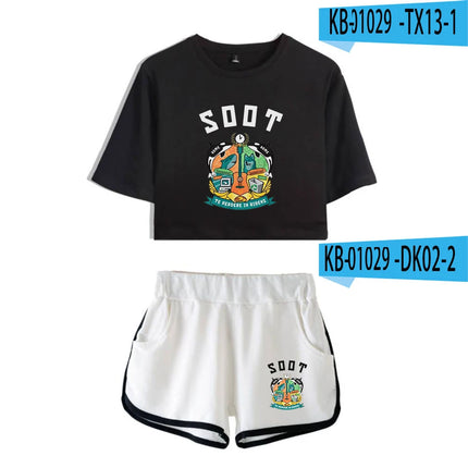 Youthful Internet Celebrity Wilbur Soot Dew navel Sport Short Sleeve tracksuit Girls Two Pieces sets T-shirts shorts Pants