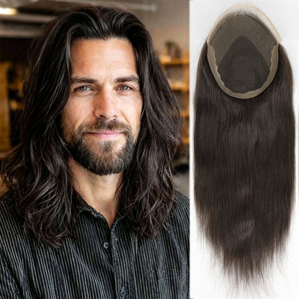 Natural Black Long Men's Hairpiece Human Hair Toupee For Men Breathable Lace PU Men's Capillary Replacement Hair System For Man