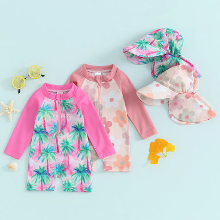 Kids Baby Girls Boys Beach Swimwear Floral/Tropical Tree Print Long Sleeve Zip Up Rompers Swimsuit Bathing Suits with Hat