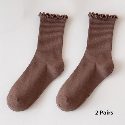 Cotton Socks for Women Girls Ruffle Top Solid Color Spring Autumn Breathable Soft Mid-calf Sock 1 Pair or 2 Pairs