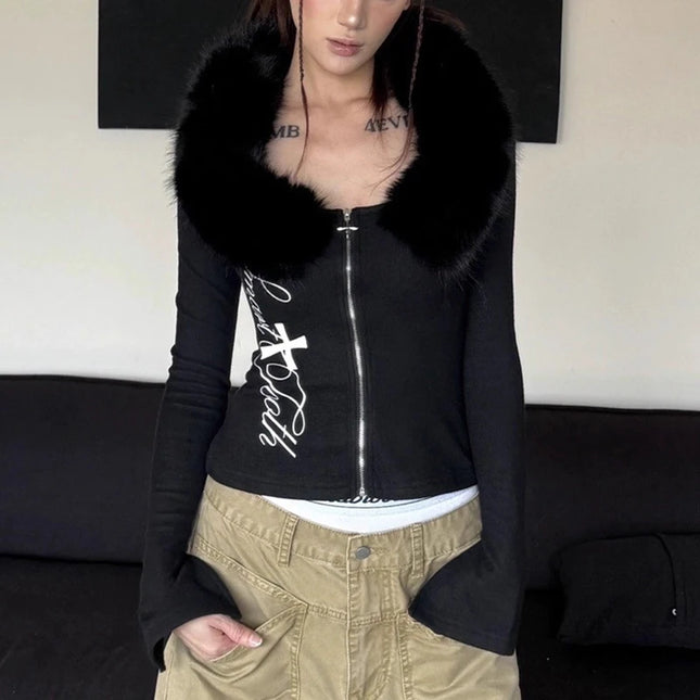 Spring new high street Harajuku style hooded sweatshirt with long sleeves and fur collar pattern printed slim fit waist jacket