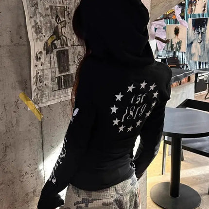 Yedinas Hooded Graphic T Shirts Long Sleeve Gothic Autumn Tops 2000s Clothes Y2k Streetwear Youthful Woman Clothes Print Tees