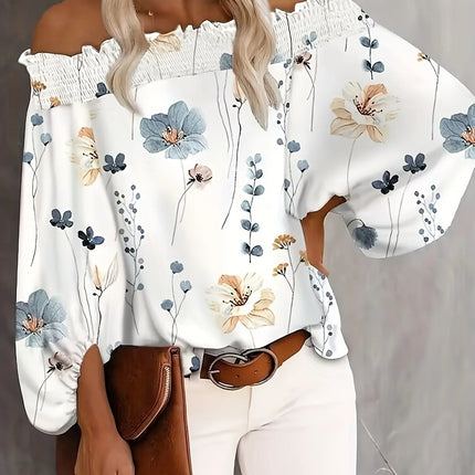 Women's Summer Plus Size 1XL-5XL Fashion Floral Print Off Shoulder Blouse Shirt Ladies Casual Long Sleeve Beach Shirt