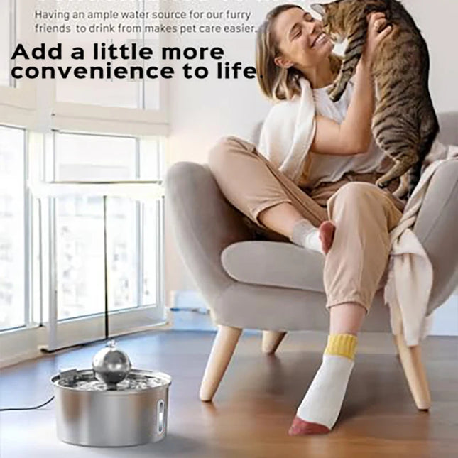 3.2L Stainless Steel Pet Water Fountain with Ball Water-Level Window Ultra-Quiet Cat Dispenser Automatic Drinking Feeder Bowl