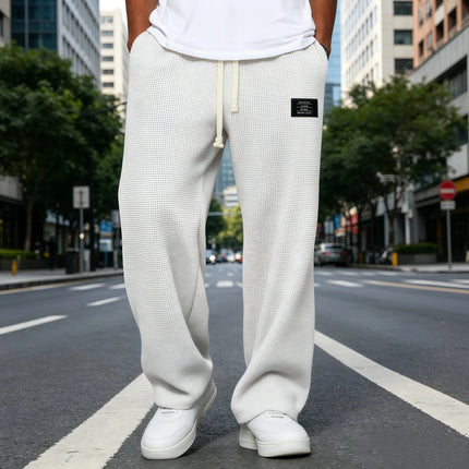 Men Breathable Waffle Knit Wide Leg Sweatpants Drawstring Label Decor Loose Straight Casual Street Sports Trousers