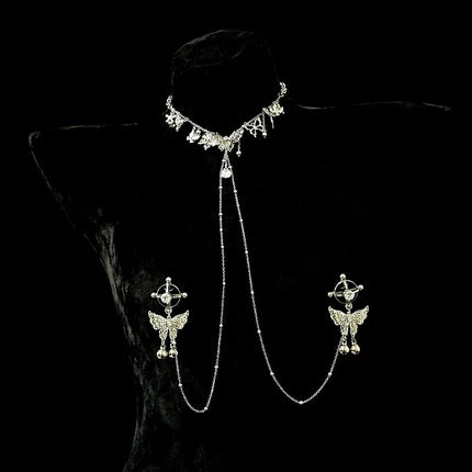 Silver Butterfly Bell Nipple Clamps Pearl Collar Body Chain Detachable Integrated Design Sexy Accessories SM Training Sex Toys