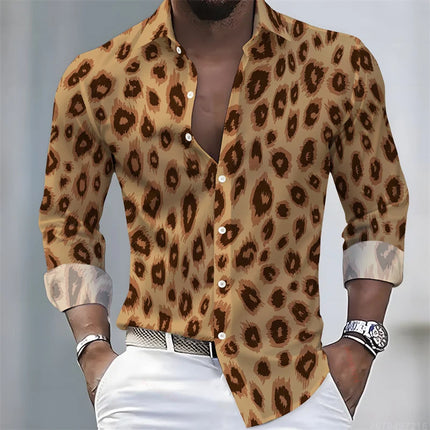 New Men's Leopard Print Long-Sleeved Shirt, Trendy Retro Slim-Fit Turn-Down Collar Casual and Stylish Men's Shirt, Sizes S-6XL.