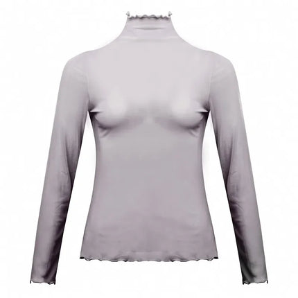 Sexy Women T Shirt See Through Transparent Mesh Tops Long Sleeve Sheer Slim Ladies Solid Turtleneck Silk T-Shirt Lace Crop Top