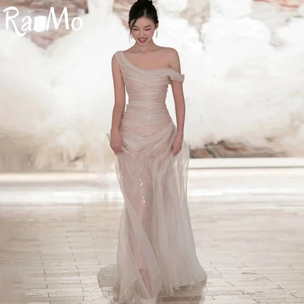 Ranmo 2025 Modern Tulle Mermaid Wedding Party Dresses One Shoulder Pleat Prom Gown Floor-Length Customized Formal Party Dress