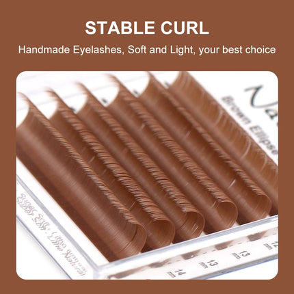 NATUHANA Brown Ellipse Flat Eyelashes Extensions Matte Faux Lashes Split Tips Soft Light Weight Ellipse Shaped Makeup Tools