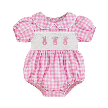 FOCUSNORM 2 Colors Lovely Baby Girls Boys Easter Romper Short Sleeve Doll Collar Bunny Embroidery Smocked Bodysuit Outfit