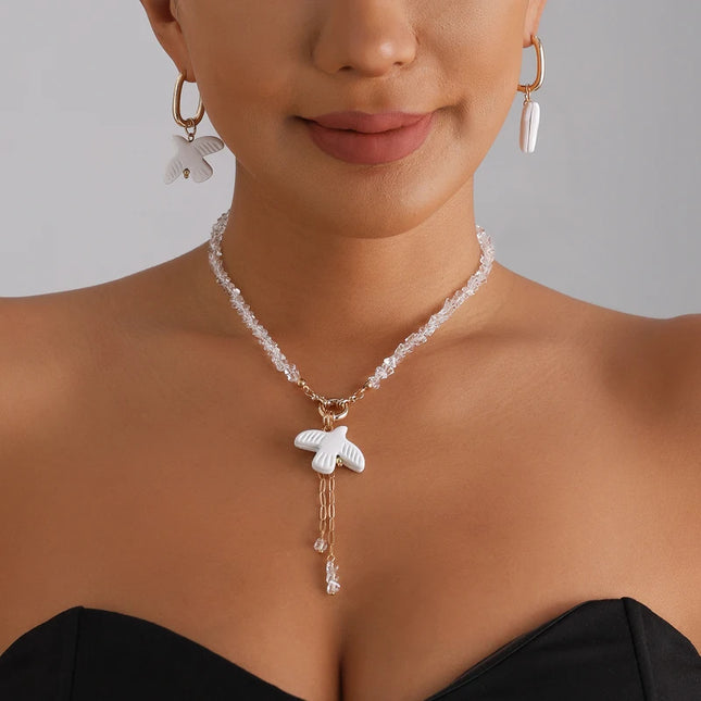 Peace Dove Drop Earrings Necklace Bracelet for Women Exquisite Bird Irregular Crystal Beaded Pendant Necklace Versatile Jewelry