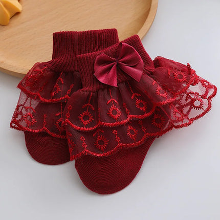 Infant Baby Girls Ruffle Lace Socks Super Soft Ankle Socks Princess Dress Socks With Bow 0 to 2 Years