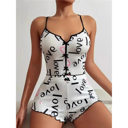 New Hot Sale Of The Season Heart Pattern Color Block Sleepwear Set with Slit in Front Strap Women's Vest Tops Non-Stitched Exte