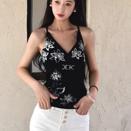 Sexy Streetwear Women Printing Tank Top Y2k Aesthetic Lace Patchwork Vintage Tanks Harajuku Bodycon Backless Camisole Summer