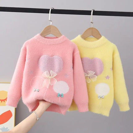 Chic New Autumn Winter Thick Pullover Sweaters Girls Knit Lace Butterfly-knot Sweaters Children Clothing Girls Sweater FY11292