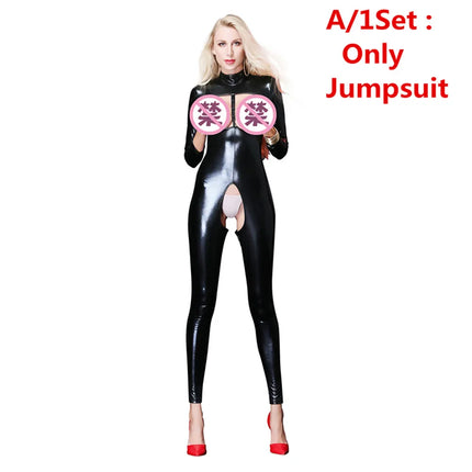 Sexy Faux Leather Catsuit Latex Bodysuit Women Lingerie Breast Exposing Open Crotch Jumpsuits Plus Size Stretch Erotic Costumes