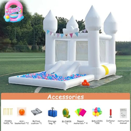 12.5FTx7.1FT White Iatable Bounce House Iatable Castle with Slide and Ball Pool Indoor and Outdoor Toys for Active Used for Iat
