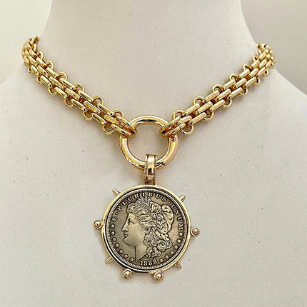 Hyperbole Gothic Cuban Chunky Necklace Women Queen Coin Holy Dollar Pendant Necklace Statement Hip hop Jewelry