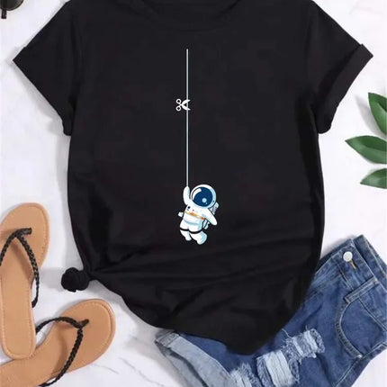 Women Moon Planet Print Fashion Tee Shirts Casual Round Neck Short Sleeve Streetwear Female T-Shirt Vintage Tops