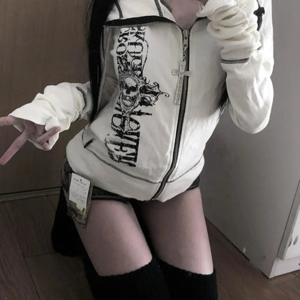 Harajuku Y2k Gothic Hooded Coat Women 2025 Autumn New Casual All-match Jackets Subcultural Japanese Black Tops Mujer Sweatshirt