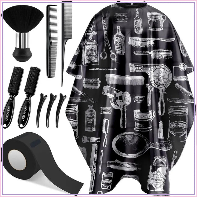 10 in 1 Hair Cutting Barber Cape Set with Neck Duster, Brush, Neck Strips, Hair Combs & Clips - Professional Salon Accessories