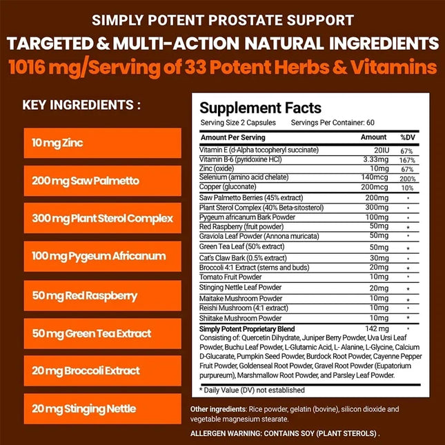 Saw Palmetto, 33 Vitamins & B6, Zinc, Selenium - Prostate Supplement for Men