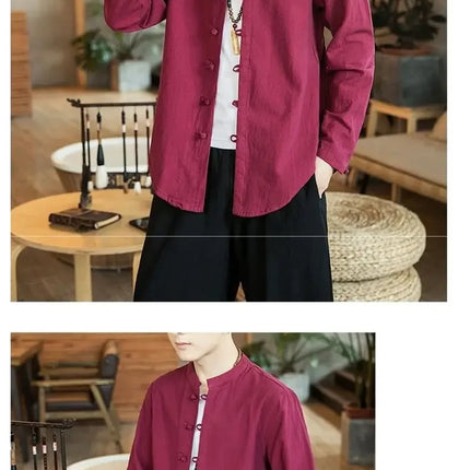 Versatile Loose-fit Long Sleeve Shirt Men's Casual Chinese Style Tang Suit Jacket Summer Lightweight Linen Top