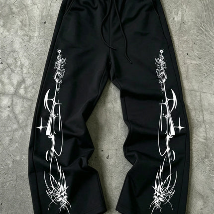 Y2K Dark Punk Abstract Gothic Cross Star Print Mens Baggy Wide Leg Sweat Pants Loose Straight Drawstring Hip Hop Street Joggers