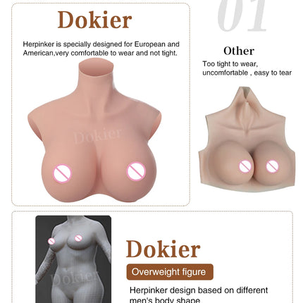 Dokier H R S Cup Oversize plus Realistic Silicone Breast Forms Fake Boobs Breast Plates[Round neck silicone filled boobs