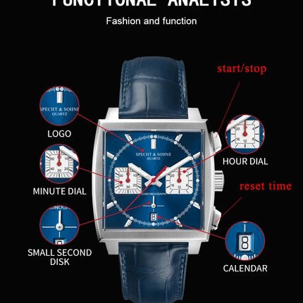 Specht&Sohne Fashion Mens Watches Top Brand Luxury Watch For Men Blue Casual Waterproof Square Sports Wristwatches Reloj Hombre