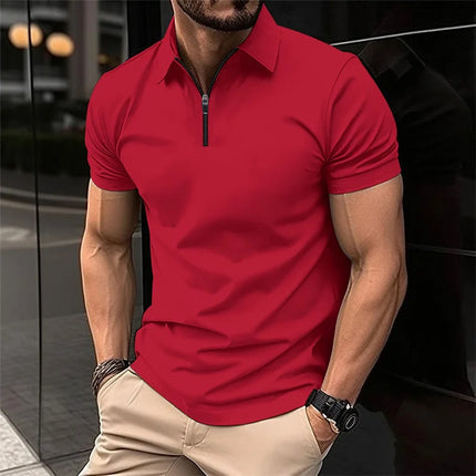 Men's stylish half-zip collar polo shirt, black slim fit short-sleeved top, business casual and versatile, available in 8 colors
