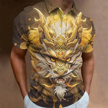 Dragon Pattern Polo Shirt For Men Animal 3D Printed T-Shirts Outdoor Fashion Casual Loose Oversized Street Lapel Top Button Tees