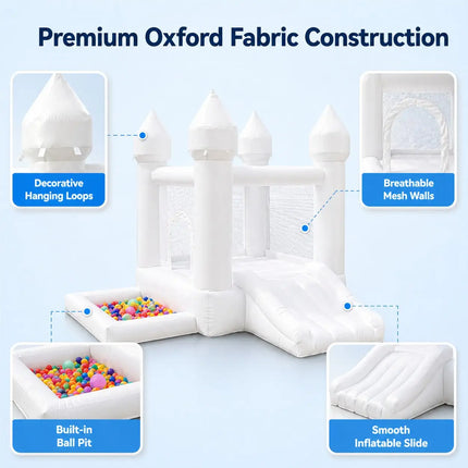 (Come with blower) 9x9x7ft Inflatable White Bounce Castle with Slide & Ball Pit For kids High‑Quality Oxford for Indoor and Outdoor Family at Birthdays and Celebration