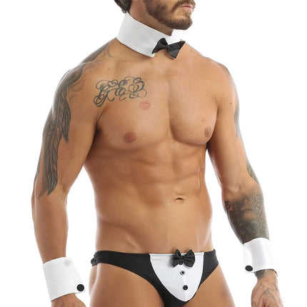 Men Butlers Waiter Lingerie Set French Maid Role Play Costume Triangle Bowknot Thong Briefs Underwear with Collar Cuffs Clubwear