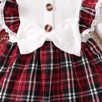 Baby girl's new fashionable plaid patchwork groove lace design bow dress and headband
