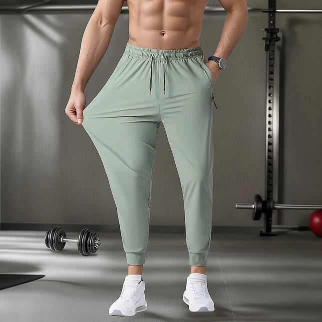 Men's Ice Silk Quick-Dry Pants Summer Lightweight Breathable Joggers with Zipper Pockets Elastic Waist Casual Sports Trousers Fo