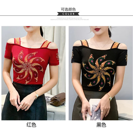 New Summer European Clothes Women's T-Shirts Luxury Butterfly Hot Diamonds Tees Sexy Streetwear Off-Shoulder Tops Shirt