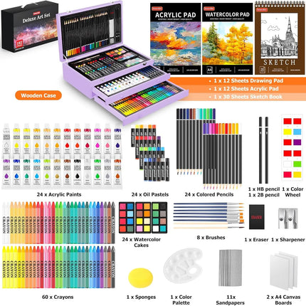 192-Piece Deluxe Art Set with 3 Pads, Acrylic Paint, Crayons, Pencils, and Wooden Case