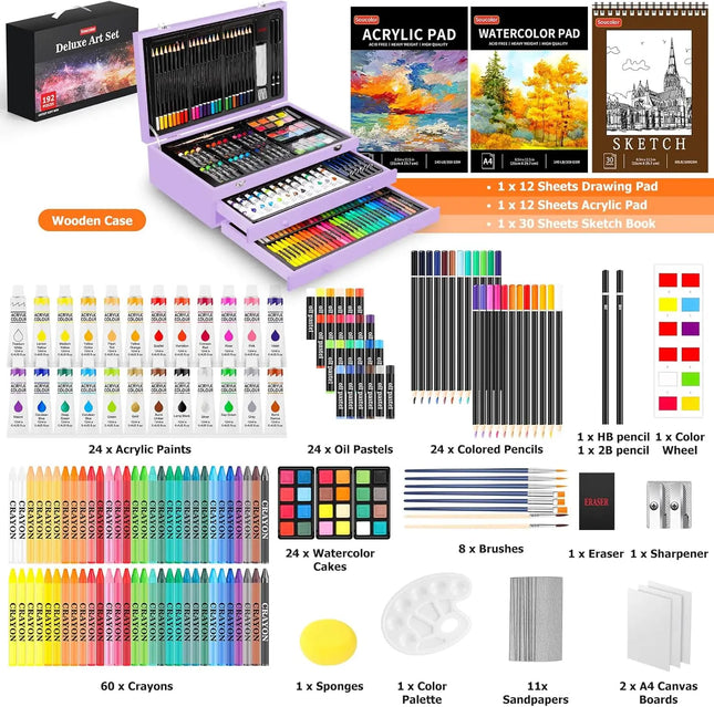 192-Piece Deluxe Art Set with 3 Pads, Acrylic Paint, Crayons, Pencils, and Wooden Case