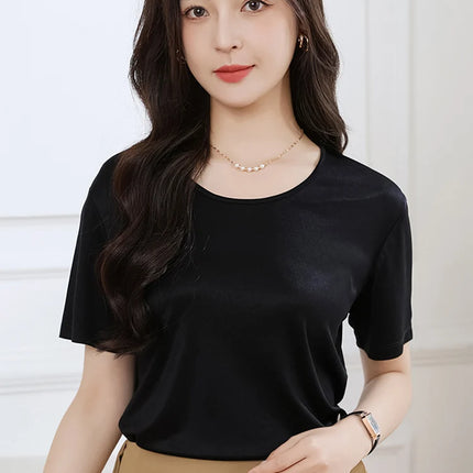 Summer High-End Women's Short Sleeve T-Shirt Acetate Fabric Knitted European Style Thin Hot Selling Top for Ladies
