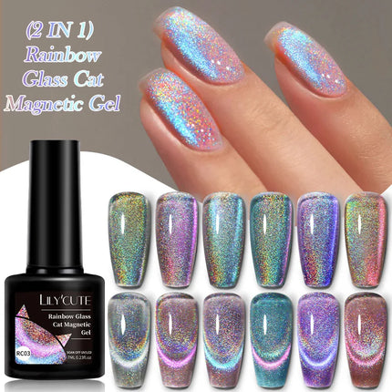 LILY’CUTE 7ml Ultra Shine Cat Eye Nail Polish Rainbow Laser Dual Beam Crystal Nail Gel Varnishes Soak Off Semi Permanent UV Gel