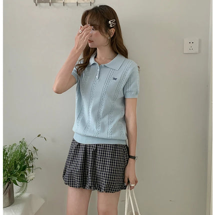 Summer 100% cotton women's T-shirt casual knit pullover short sleeved loose POLO collar Tees Pull luxury brand embroidery Tops