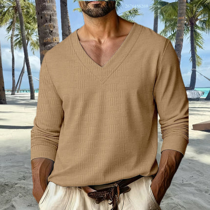 Men's V-neck casual sporty drop shoulder sleeve T-shirt, comfortable and stylish long sleeve T-shirt for everyday wear and vacat