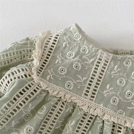 2025 New Autumn Toddlers Girls Lace Blouses Puff Sleeve Ruched Tops Korean Style Baby Kids Loose Shirts Children Clothing
