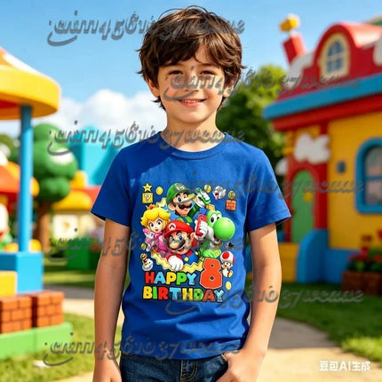 Super Mario Birthday Number T-Shirt Blue Short Sleeve Cartoon Figure Party Top for Men Women Kids - Family Matching Gift