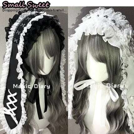 Women Subcultural Y2K Girl Long Eared Rabbit Doll Lace Up Headband Gothic Lolita Hair Clip Lace Ruffle Bunny Band