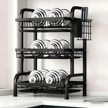 Large 2-3 Tier Vertical Dish Rack/Utensil Holder, Kitchen Storage Rack with Quick Drainage System, Knife and Fork Holder, Cutting Board Storage, Drying Rack - Heavy-Duty Carbon Steel Multifunctional Utensil Organizer, Suitabl