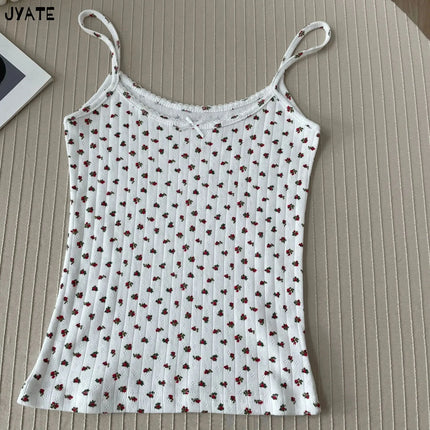 Sweet Floral Print Eyelet Bow Cropped Vests Women Cotton Casual Slim Lace Trim Tank Tops Vintage Preppy Style Cute Camisole Y2K