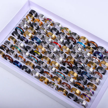 10/20/30/50Pcs/Lot Stainless Steel Fashion Ring Wood Grain Ring Men's Wedding Ring Women's Party Mixed Style Random Style